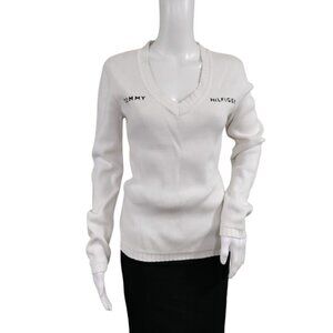 Tommy Hilfiger 100% Cotton Long Sleeve V-Neck Rib Preppy Sweater Gray Medium